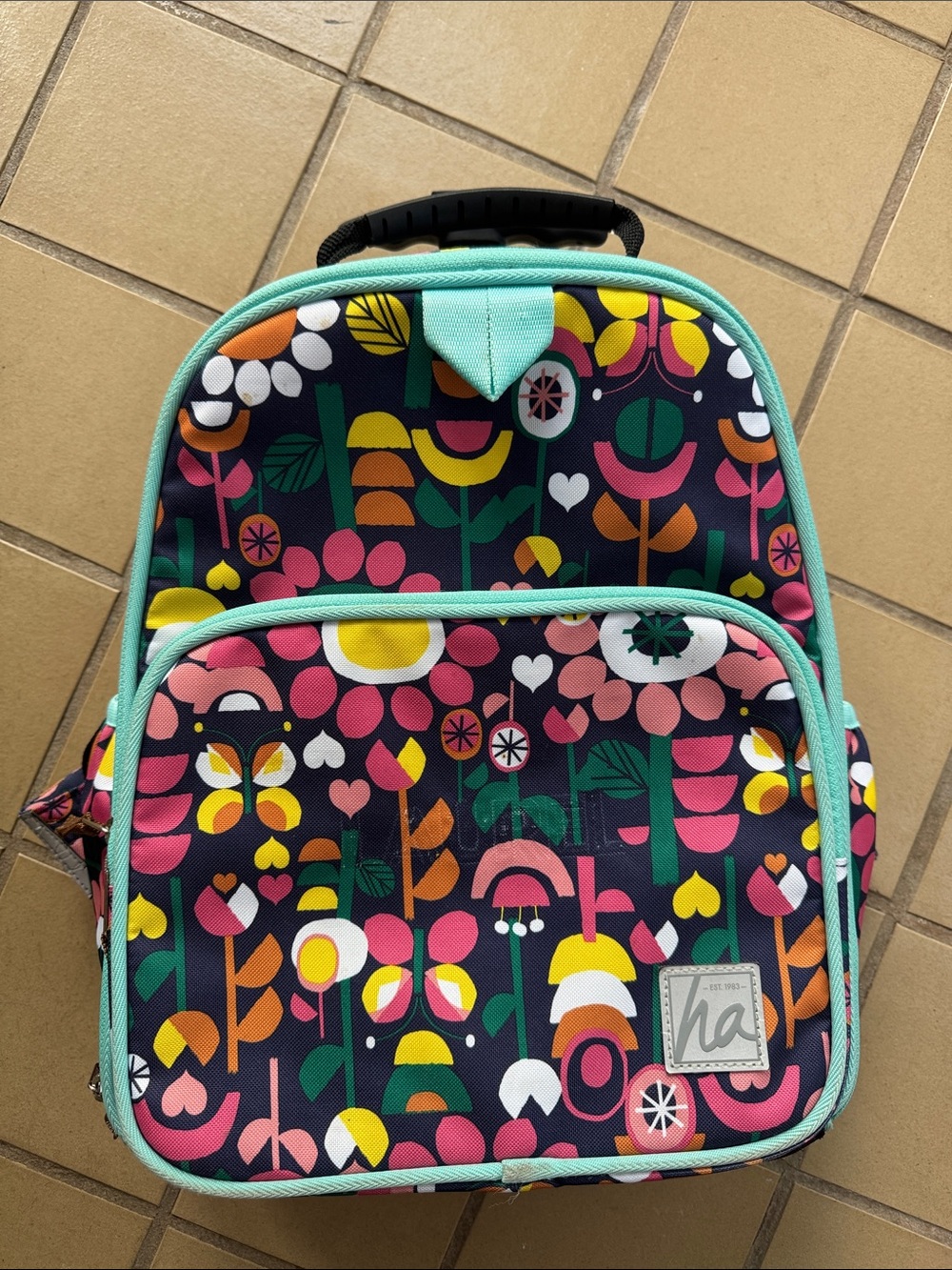Hanna Andersson Navy Floral Kids Backpack with Mint Trim - wheeled with handle